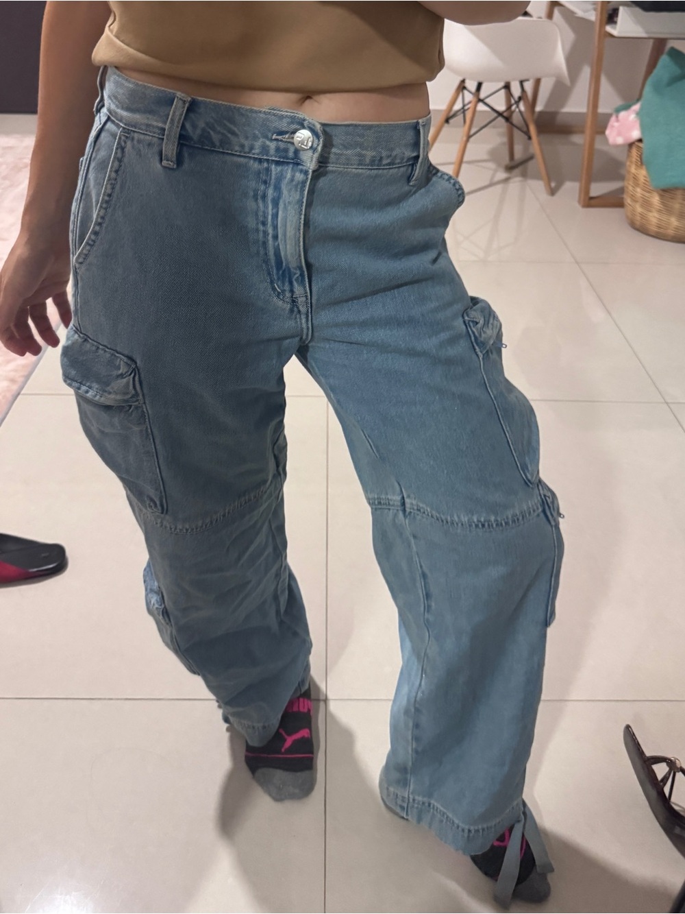 Lovers + Friends Light Blue Wide-Leg Cargo Jeans
